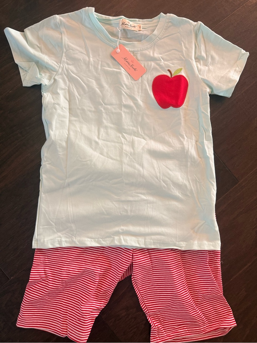 Marie Nicole Kids Light Blue Apple Tee & Red Stripe Shorts Matching Set